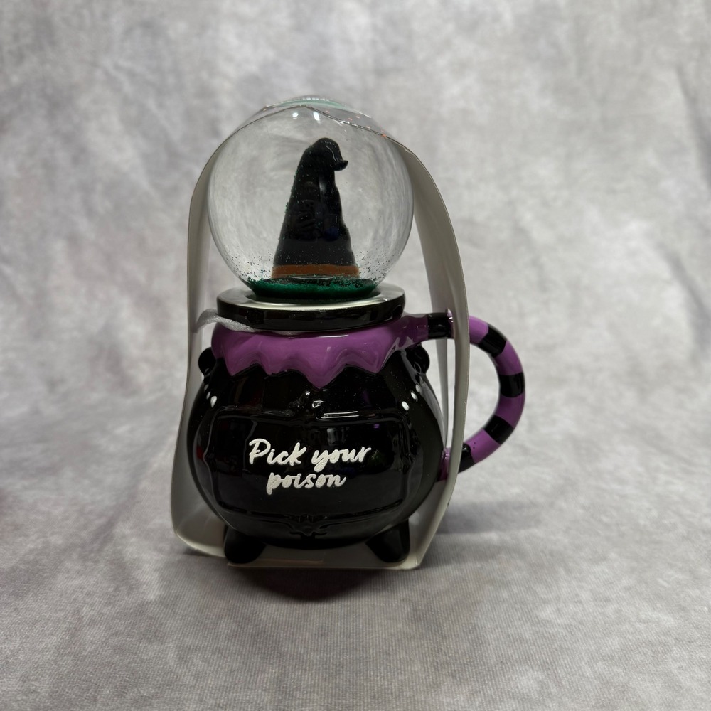 Cauldron Mug & Snow Globe Lid 10oz Black Pick Your Poison Witch Hat